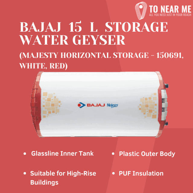 BAJAJ 15 L Storage Water Geyser (Majesty Horizontal Storage - 150691, White, Red)